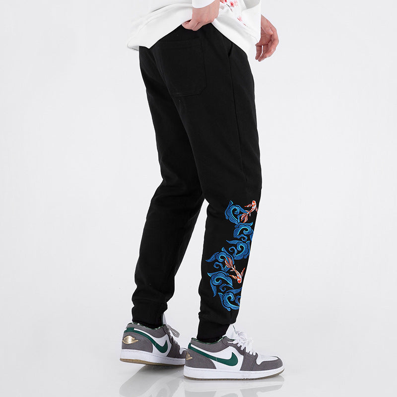 Autumn And Winter Fleece-lined Men's Black Cotton Sweat Pants Loose Embroidery