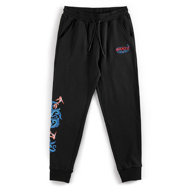 Autumn And Winter Fleece-lined Men's Black Cotton Sweat Pants Loose Embroidery